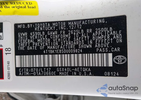 2013 Toyota Avalon Xle Touring from USA, damaged, VIN 4T1BK1EB5DU009824